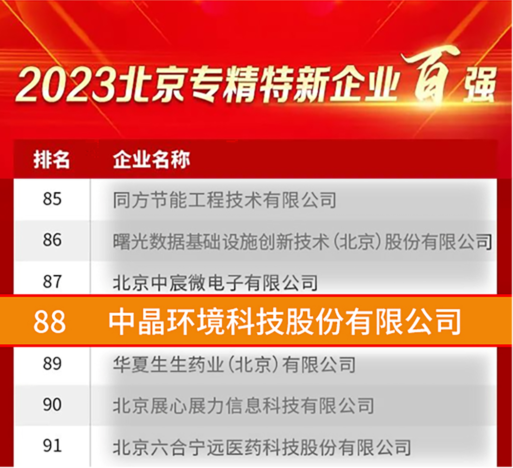 中晶環境入選2023北京專精特新企業百強名單